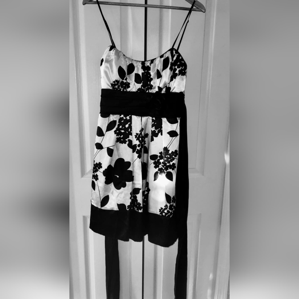 Silky black and white flowered dress.